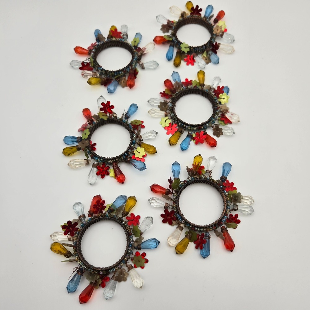 Vintage Pier 1 Beaded Charm Napkin Rings Set of 6 Multi Color Teardrop Crystals